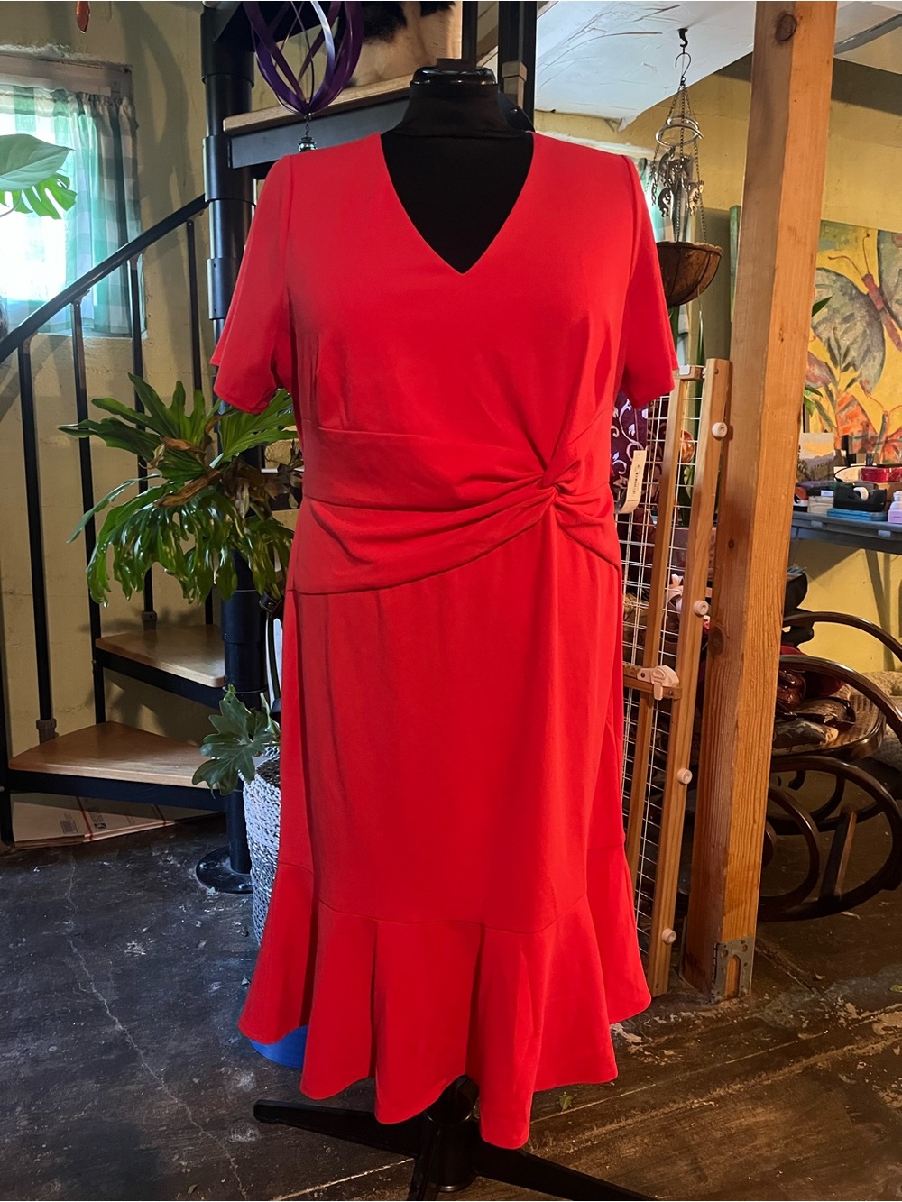 London Times Red V-Neck Twist-Waist Midi Dress